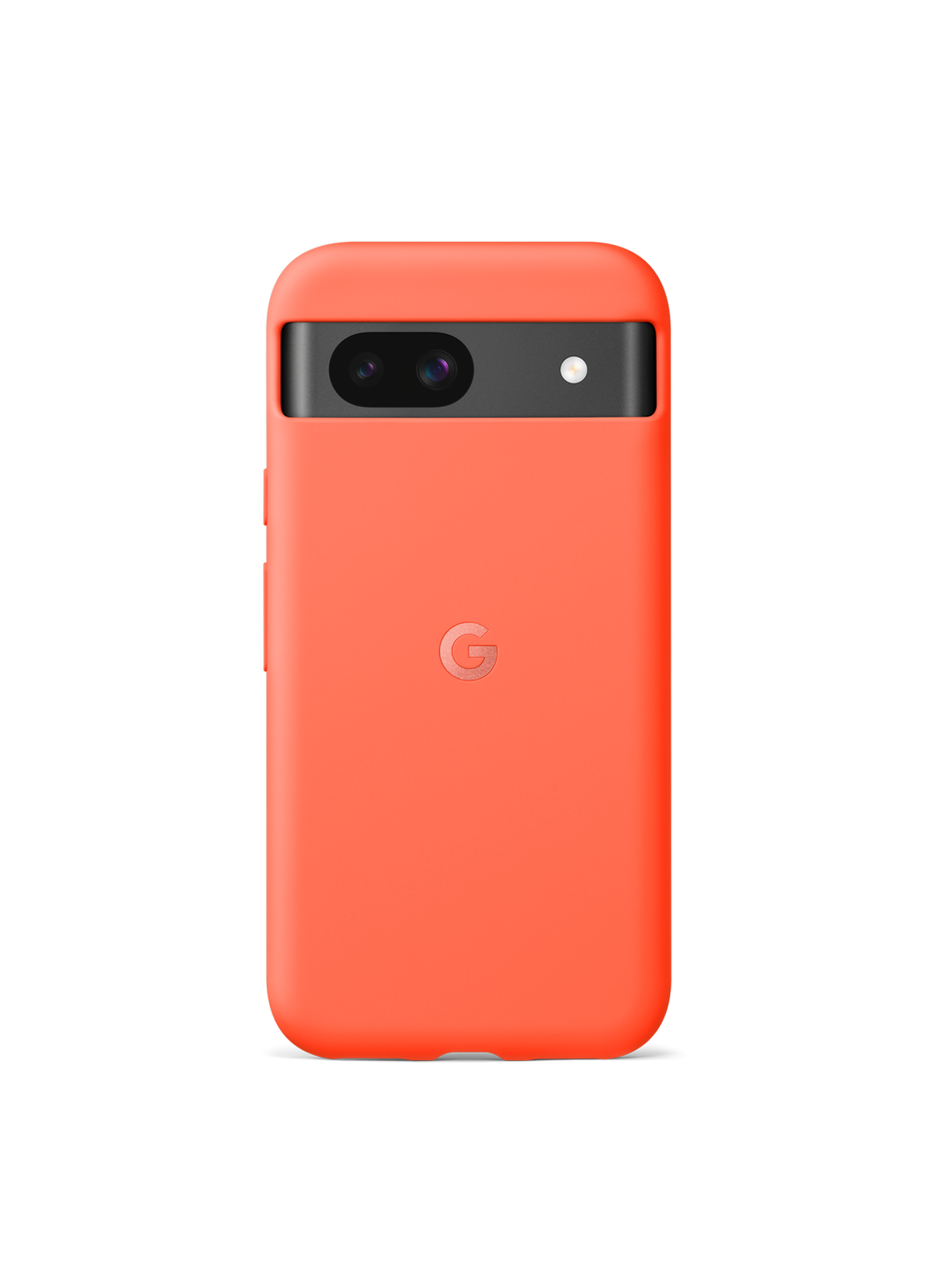 Funda naranja para teléfono con recorte de cámara y logotipo de Google. Diseño elegante sobre fondo negro.