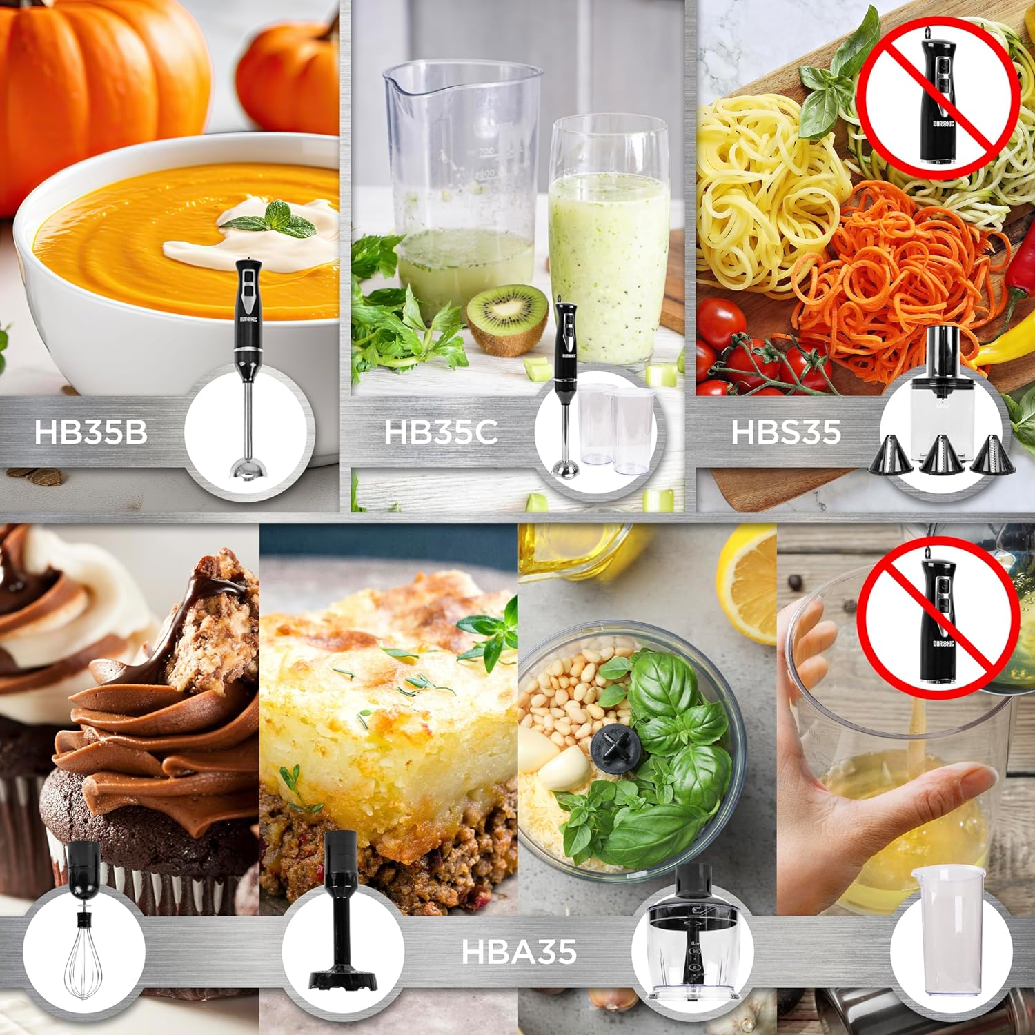 Collage verschiedener Lebensmittel, die mit Stabmixern gemischt werden. Einige sind durchgestrichen.