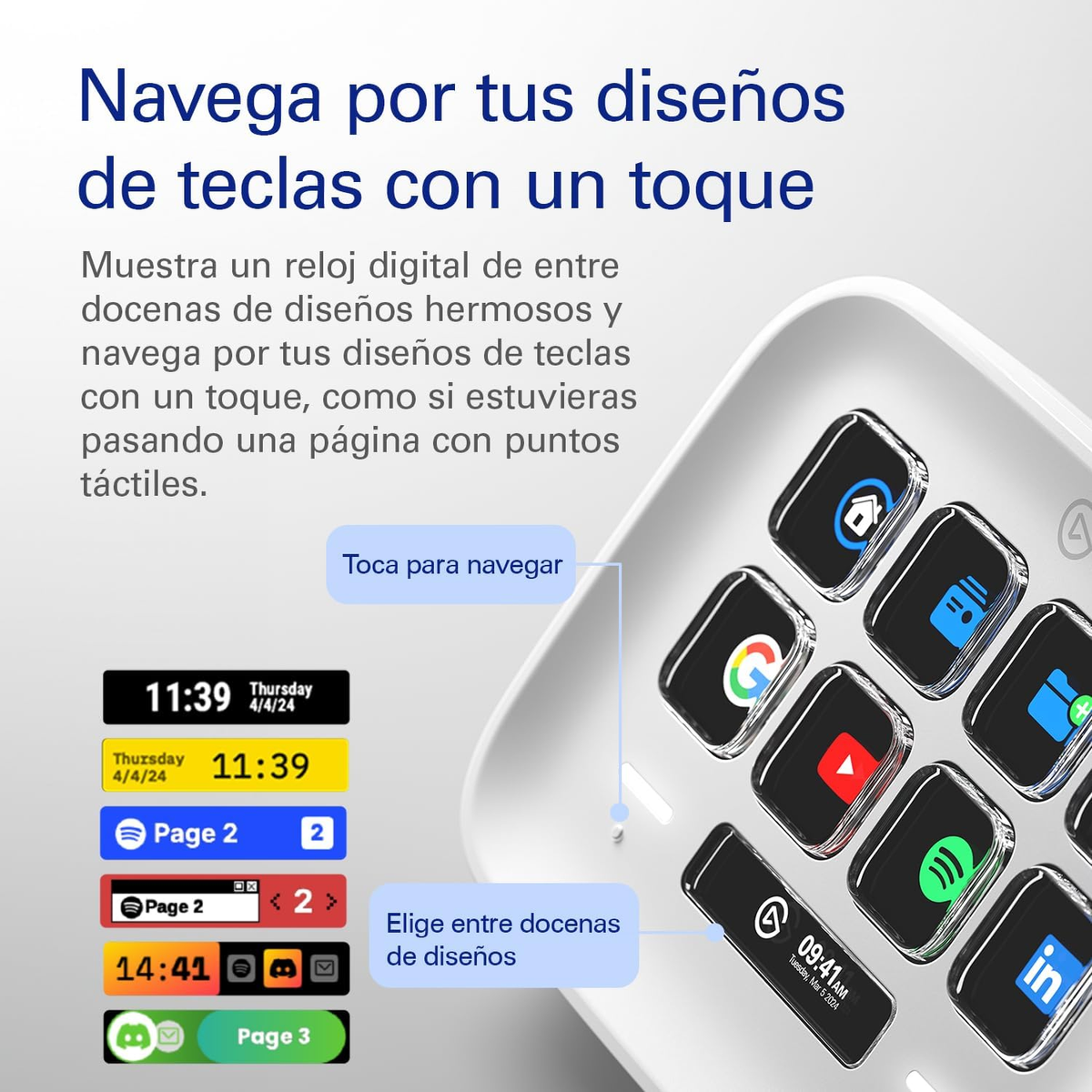Ein digitales Touchscreen-Gerät mit App-Symbolen und einer Uhr, mit Text auf Spanisch.