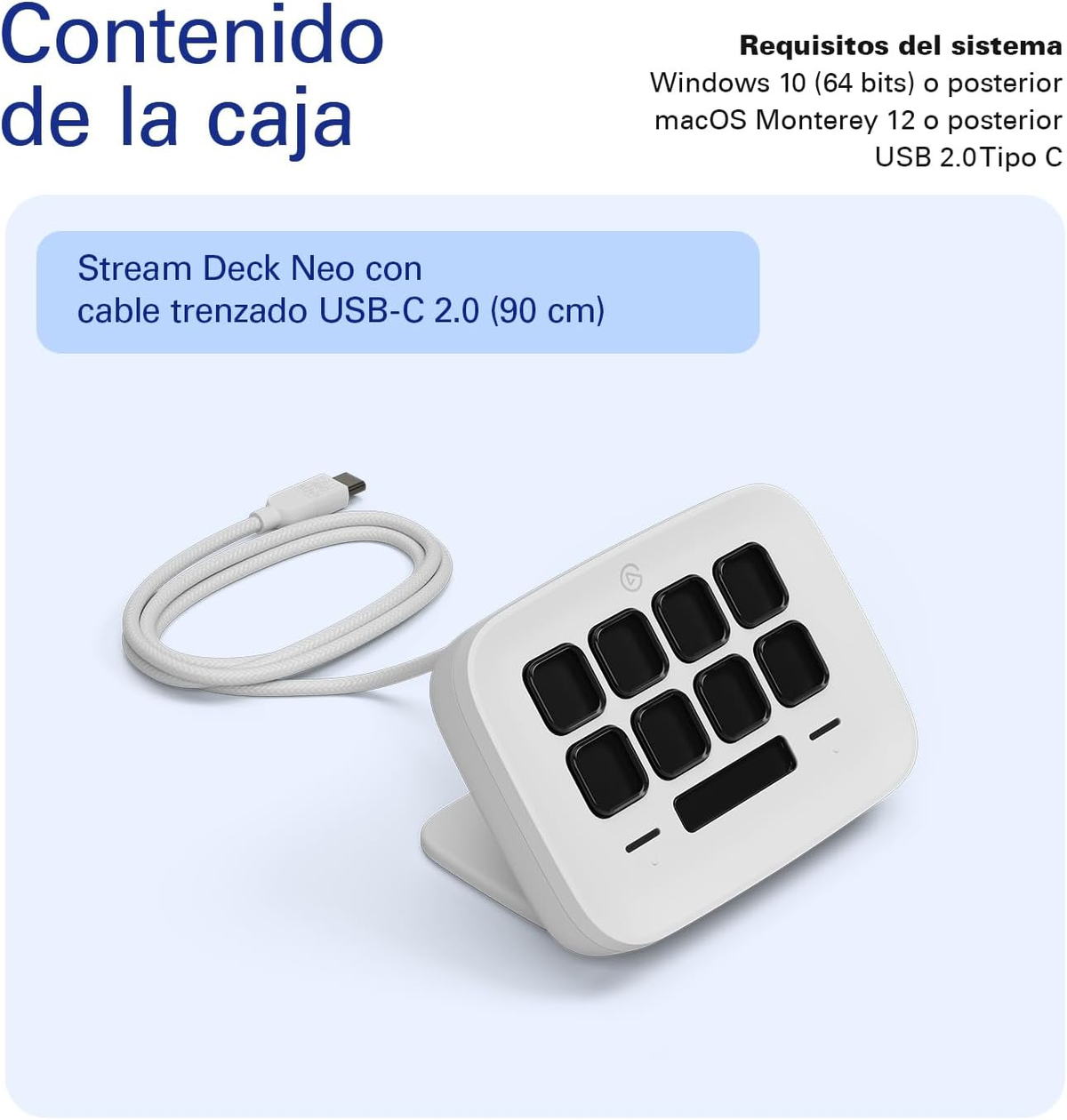 Weißes Stream Deck Neo mit USB-C-Kabel und weißer Basis.