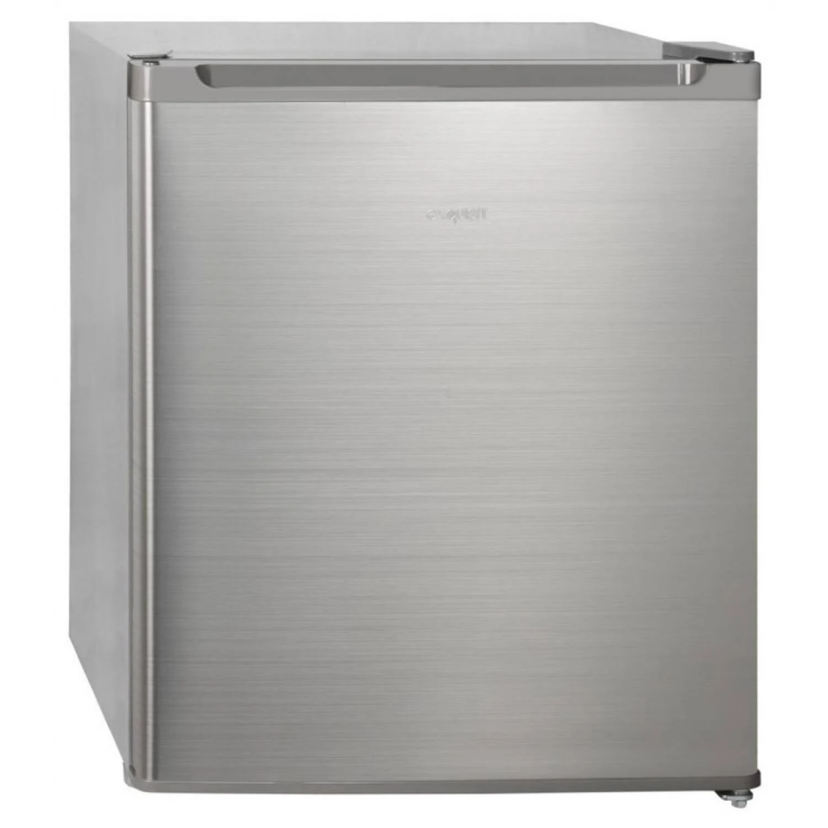 Refrigerador de acero inoxidable con asa y logotipo.