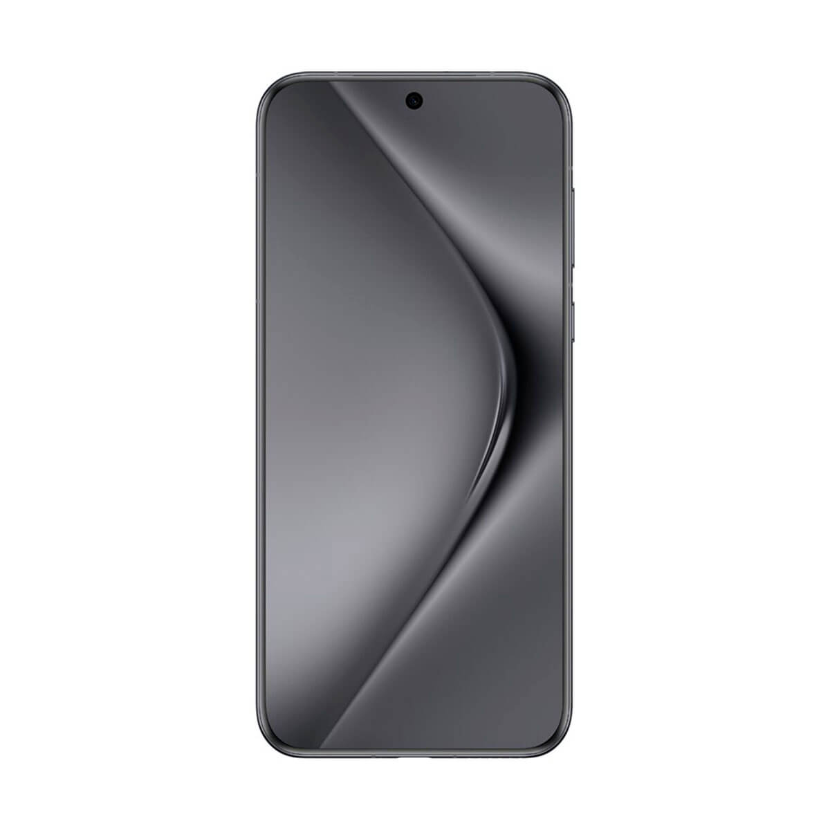 Ein Smartphone mit dunkelgrauem Bildschirm. Das Telefon befindet sich auf weißem Hintergrund.