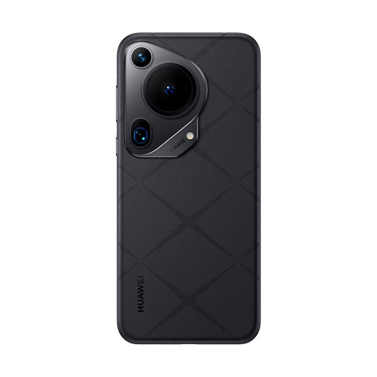Schwarzes Telefon mit drei Kameras und strukturierter Rückseite. Die Marke ist Huawei.