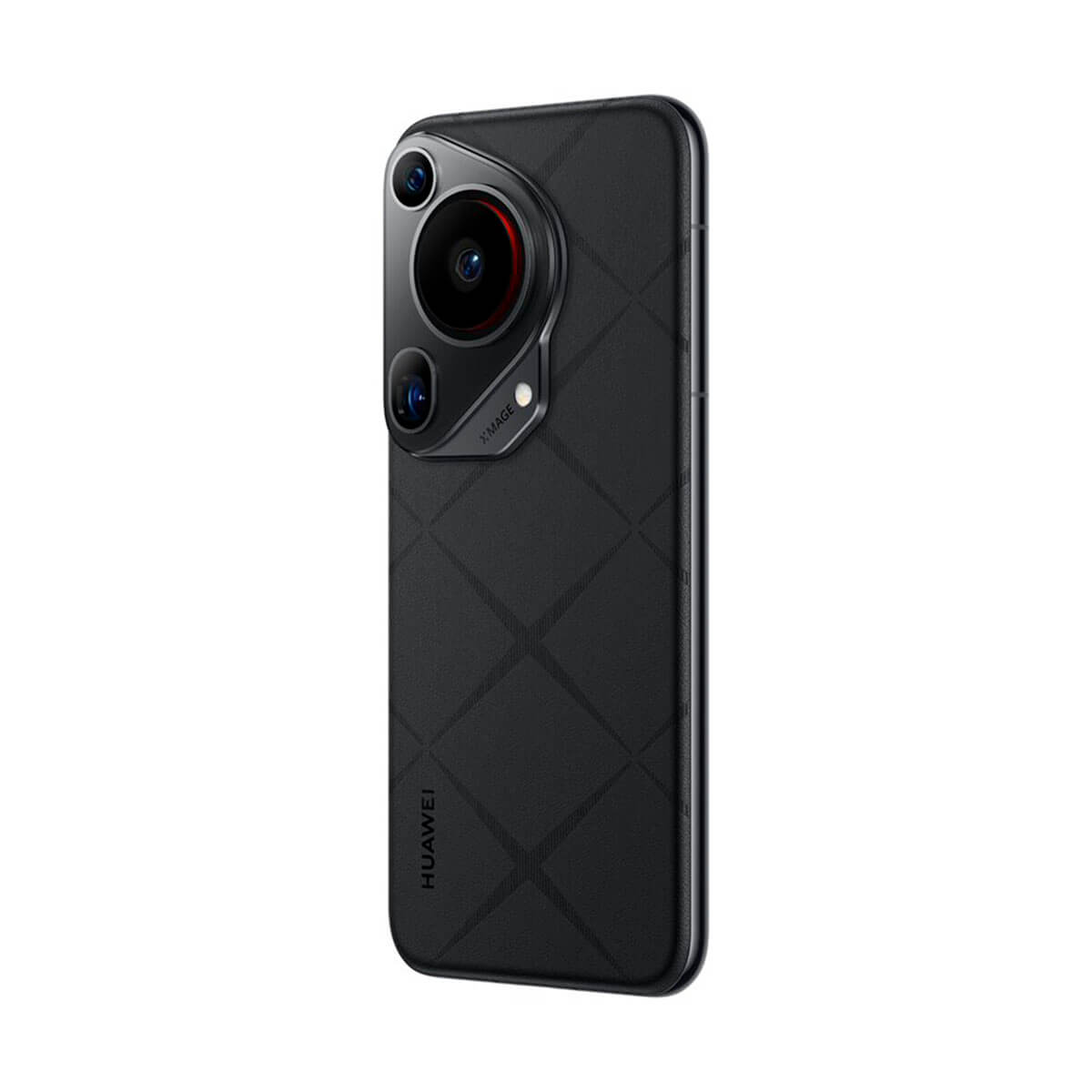 Schwarzes Telefon mit Kameraobjektiv und Huawei-Logo auf der Rückseite. Strukturierte Rückseite.
