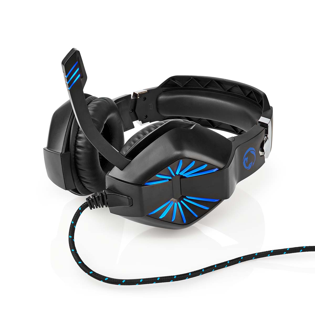 Cuffie da gioco nere con dettagli blu. Ha un microfono e un cavo.