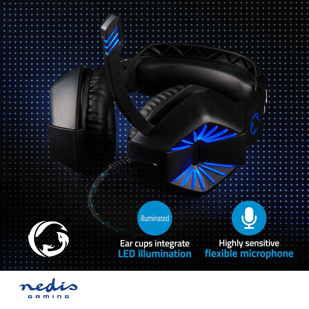 Cuffie da gioco, nere con illuminazione blu. I padiglioni auricolari hanno illuminazione a LED e un microfono flessibile.