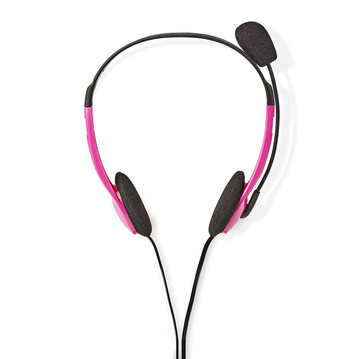 Roze en zwarte hoofdtelefoon met een microfoon. Op een witte achtergrond.