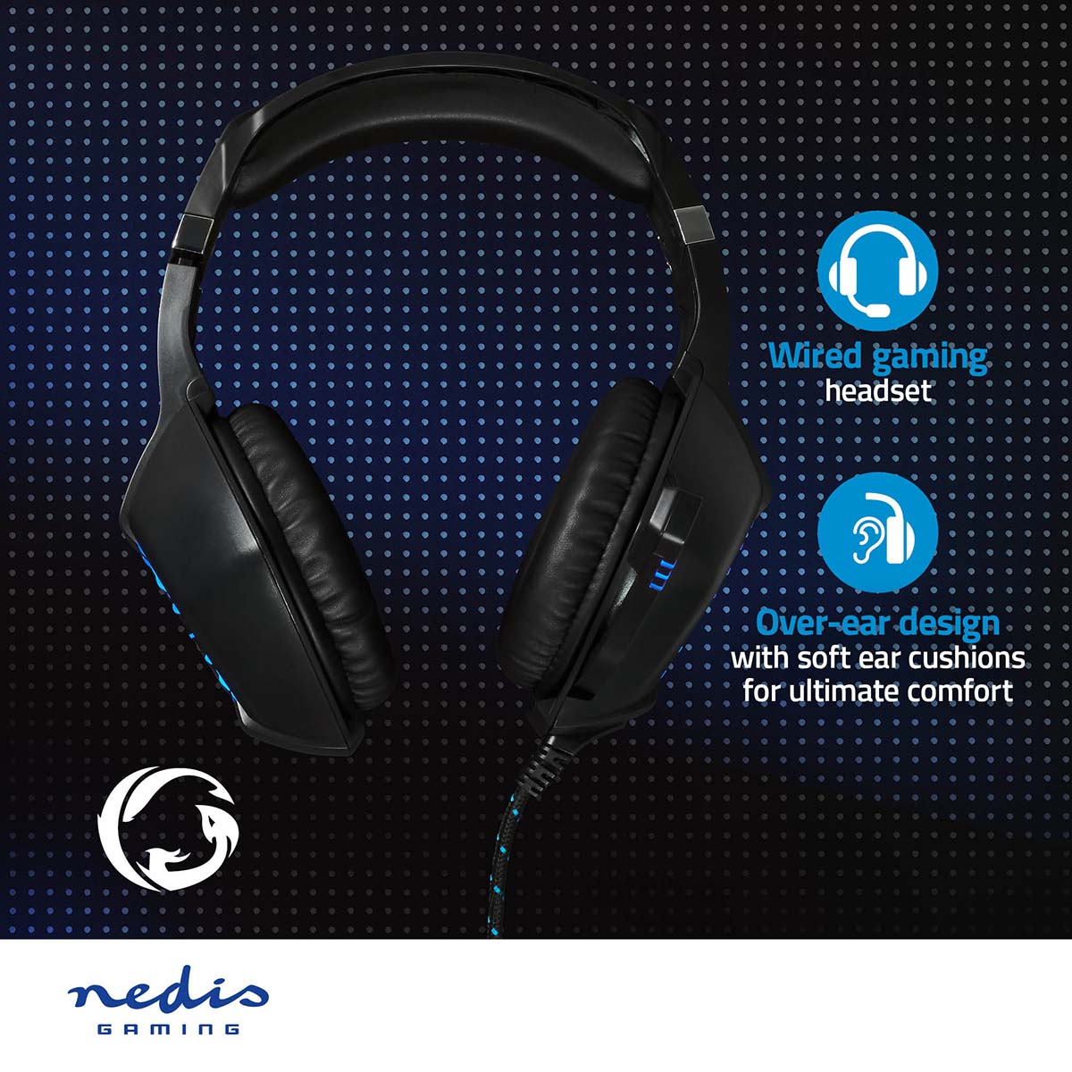 Cuffie da gaming nere con dettagli blu, testo bianco. Sfondo blu a pois.