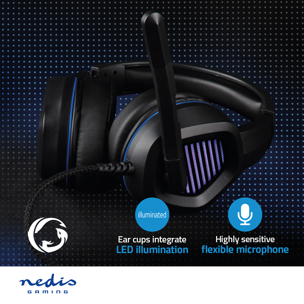 Cuffie da gioco nere con dettagli blu, microfono e testo: Padiglioni auricolari illuminati e microfono.