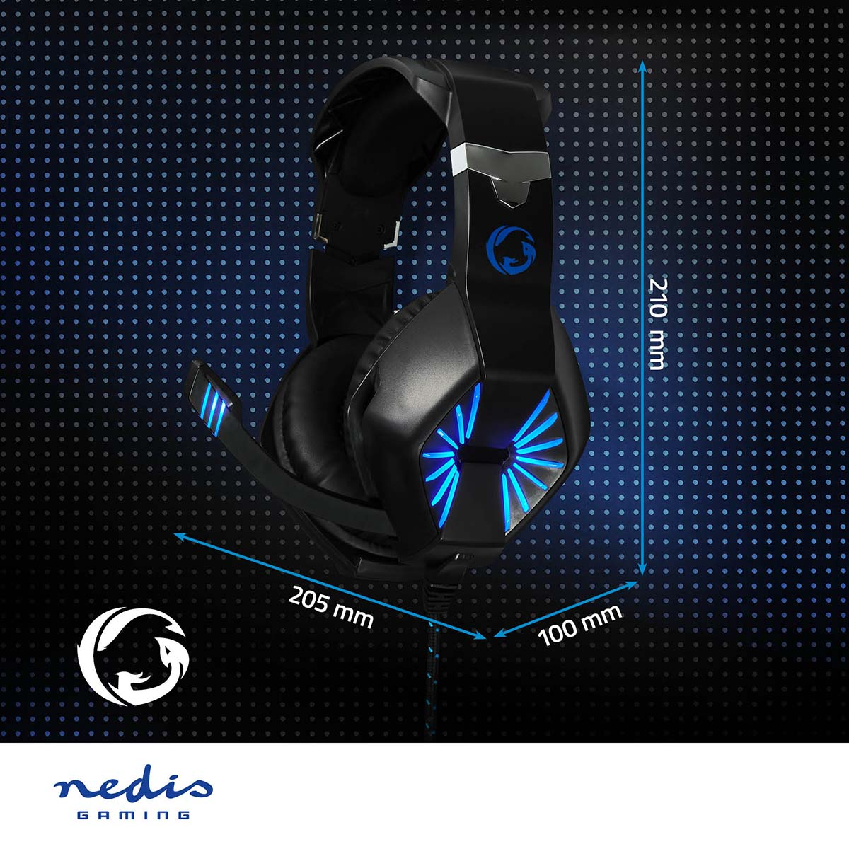 Cuffie da gaming nere con luci blu ed etichette di misurazione su sfondo blu puntinato.