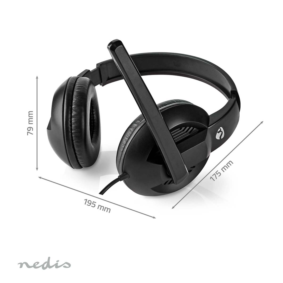 Cuffie nere con microfono. Dimensioni: 79 mm altezza, 175 mm larghezza, 195 mm lunghezza.