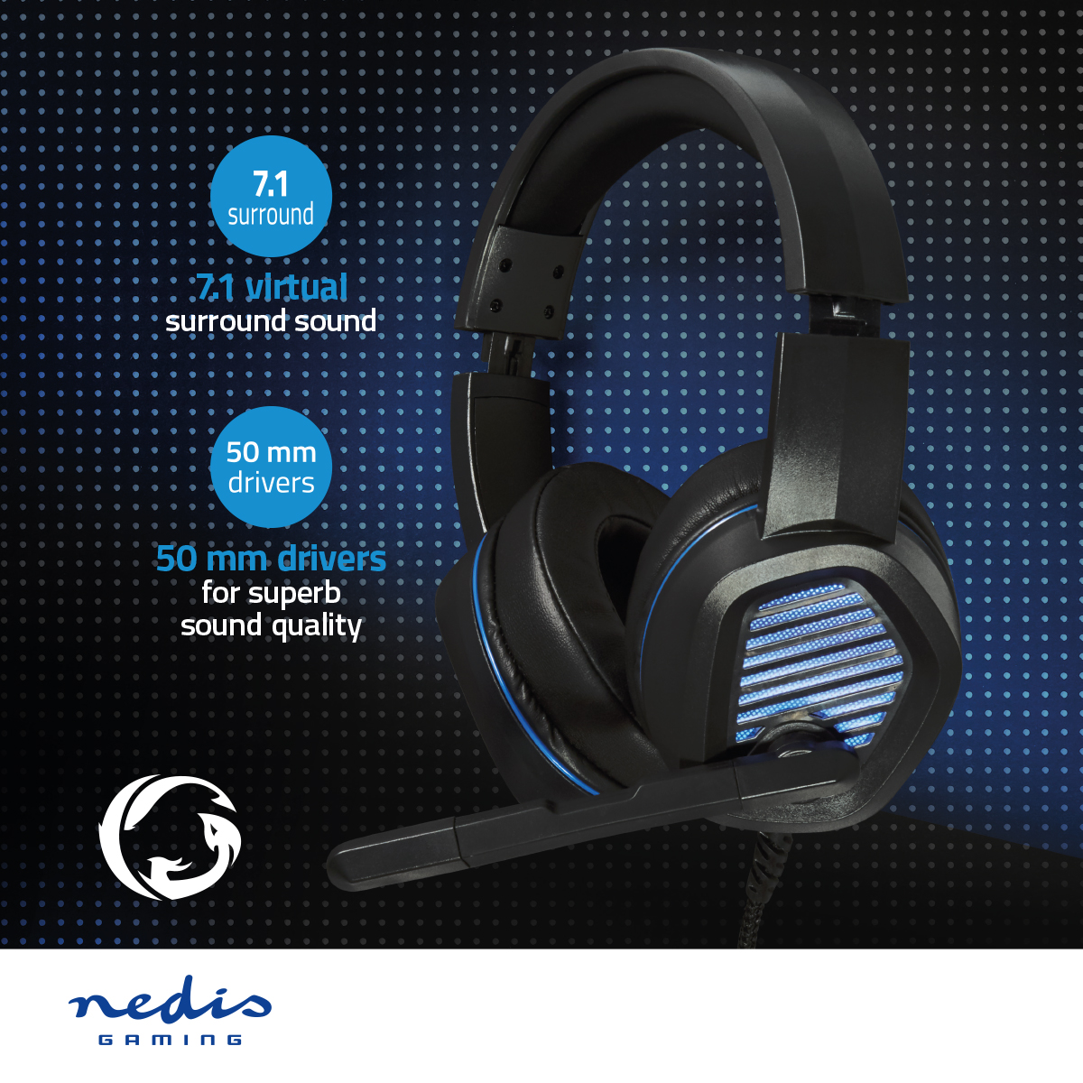 Cuffie da gioco nere e blu con audio surround 7.1, driver da 50 mm e microfono. Il marchio è Nedis.