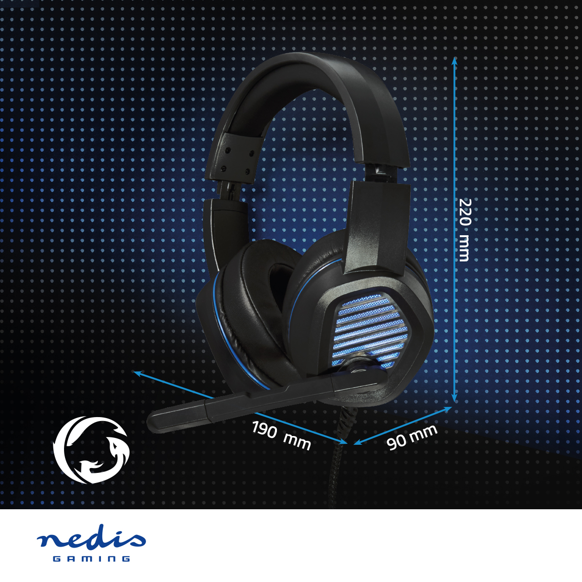 Cuffie da gaming nere. Dimensioni: 220mm altezza, 190mm larghezza, 90mm profondità.