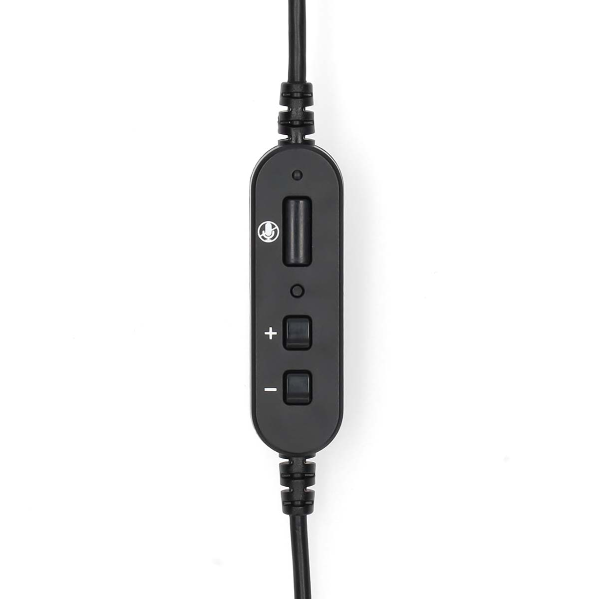 Ein schwarzes Bedienfeld eines Headsetkabels mit Mikrofon, Lautstärketasten und Stummschalter.