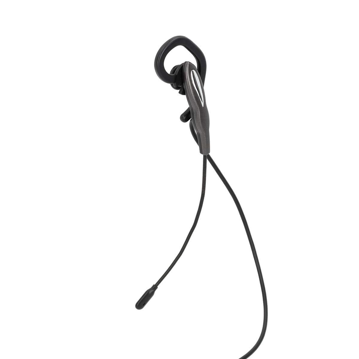 Schwarzer Kopfhörer mit Haken und schwarzem Kabel. Der Hintergrund ist weiß.