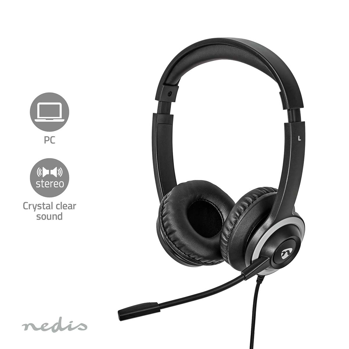 Czarny zestaw słuchawkowy z mikrofonem, z etykietami dla PC i dźwięku stereo.