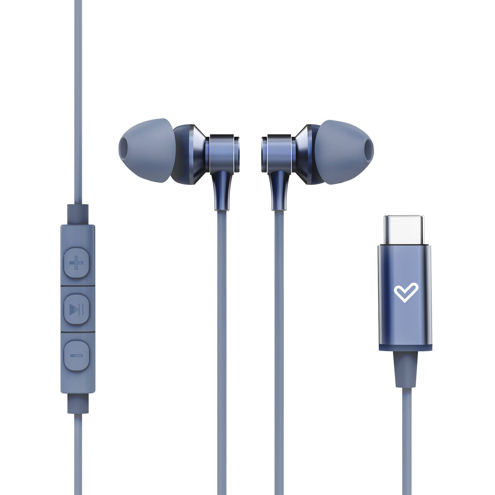 Auricolari blu con controllo e connettore di tipo C. Auricolari e cavo dello stesso colore.