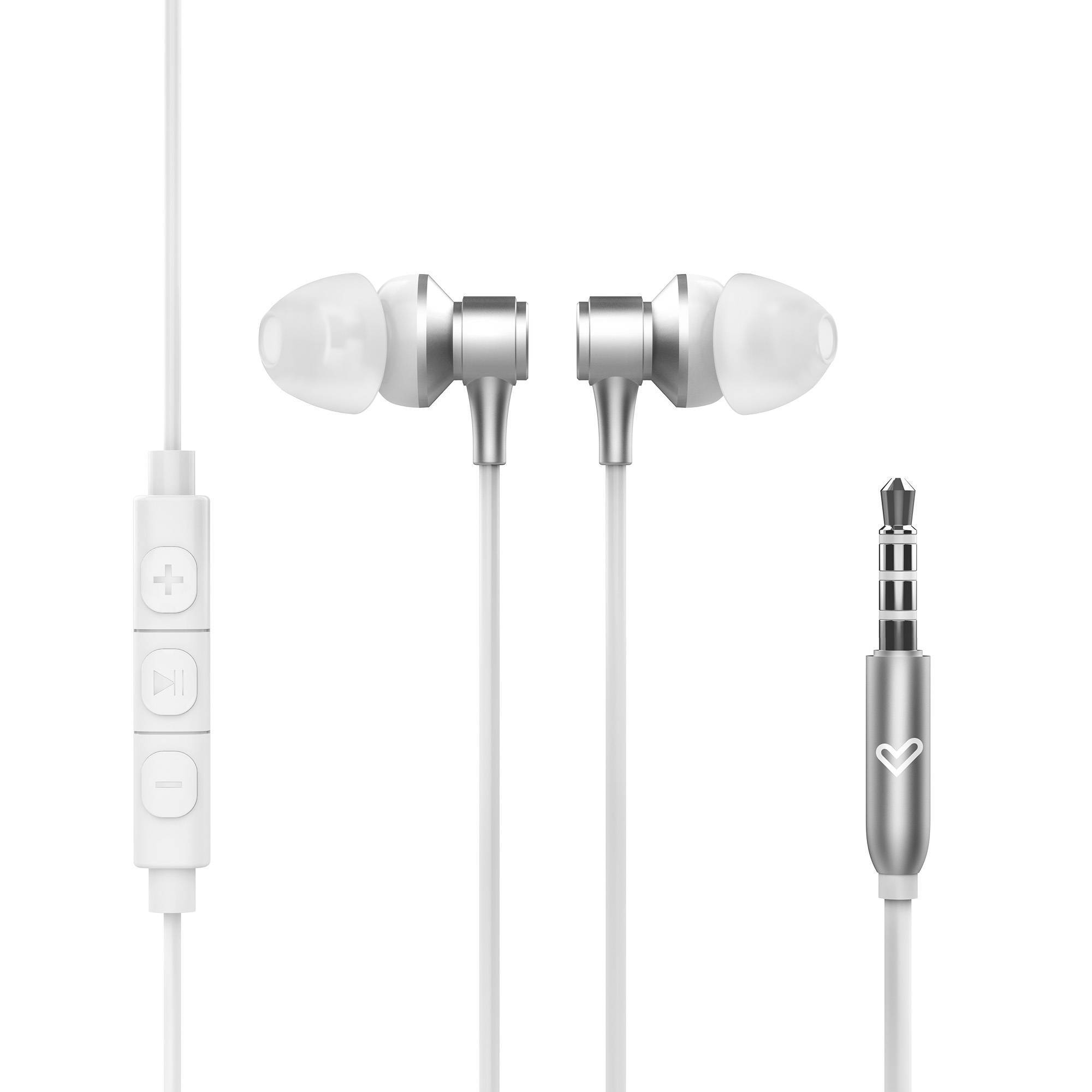 Auriculares inalámbricos blancos en un estuche de carga blanco con cordón.