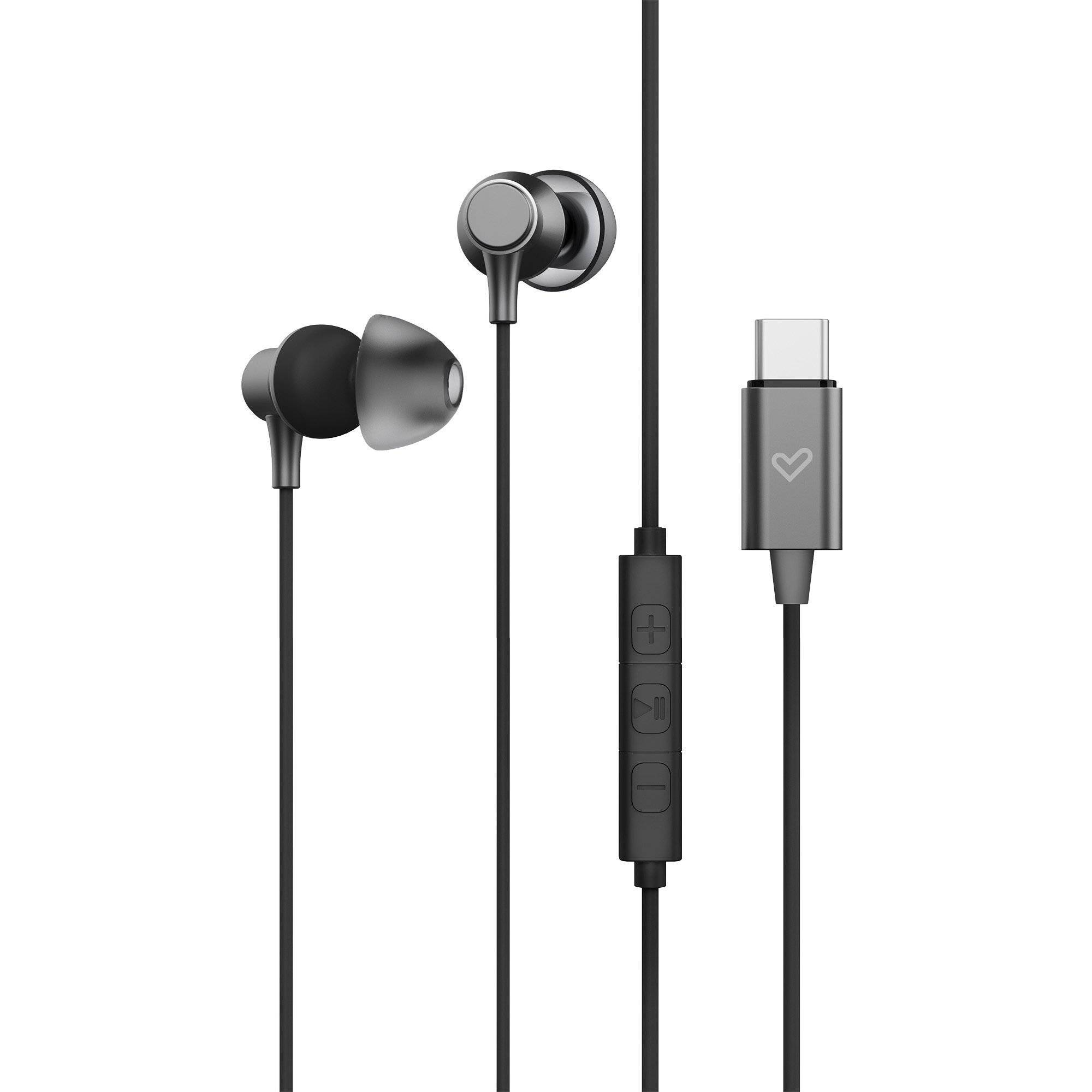 Auriculares negros con conector USB-C. Los auriculares tienen micrófono y control de volumen.