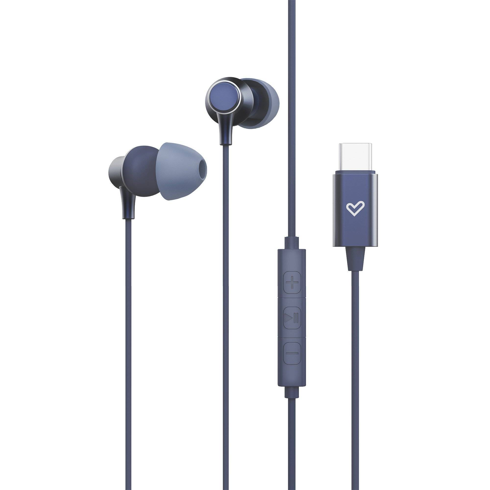 Auricolari blu scuro con connettore USB-C. Un pulsante di controllo è sul cavo.