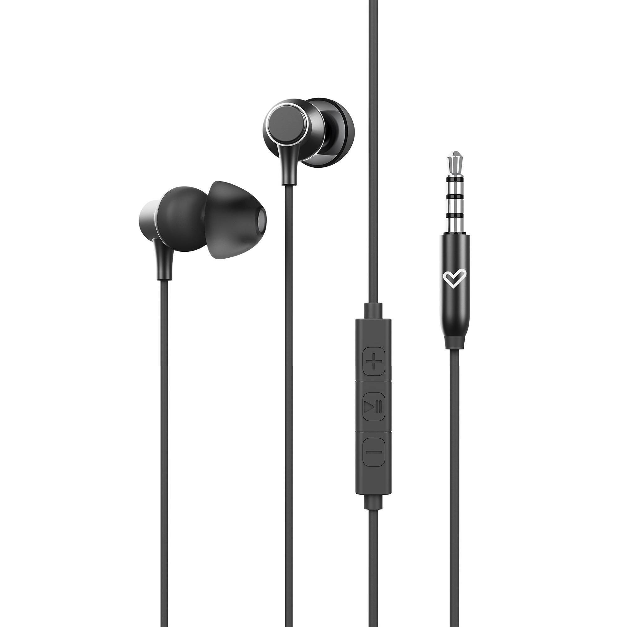 Schwarze Ohrhörer mit einem Steuermodul am Kabel und einem silbernen Audioanschluss.