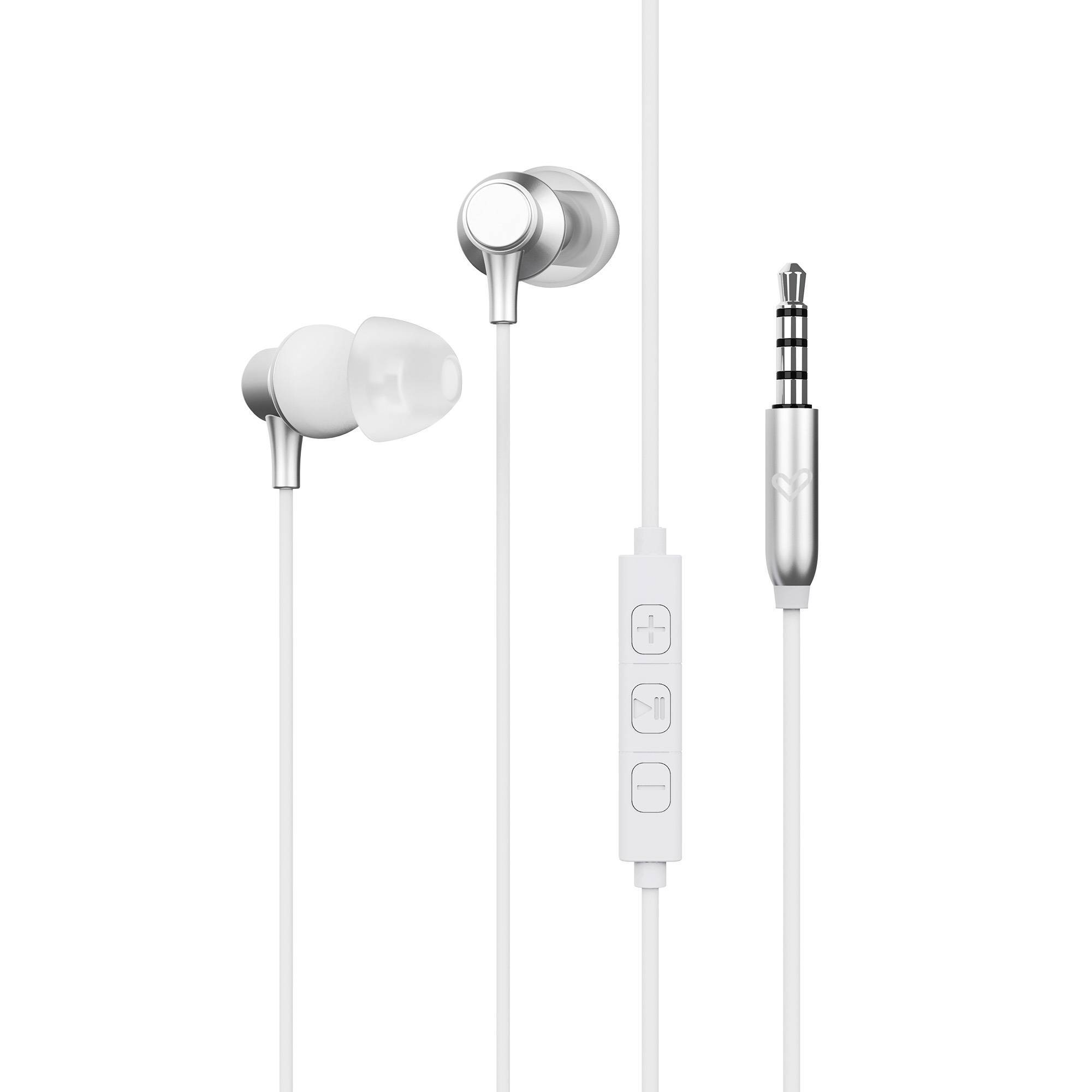 Auriculares blancos, con control plateado, cable blanco y conector de audio plateado.
