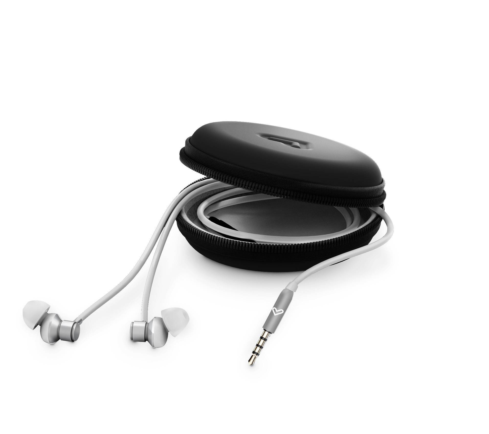 Auriculares en estuche negro. Los auriculares son blancos y el estuche es negro.