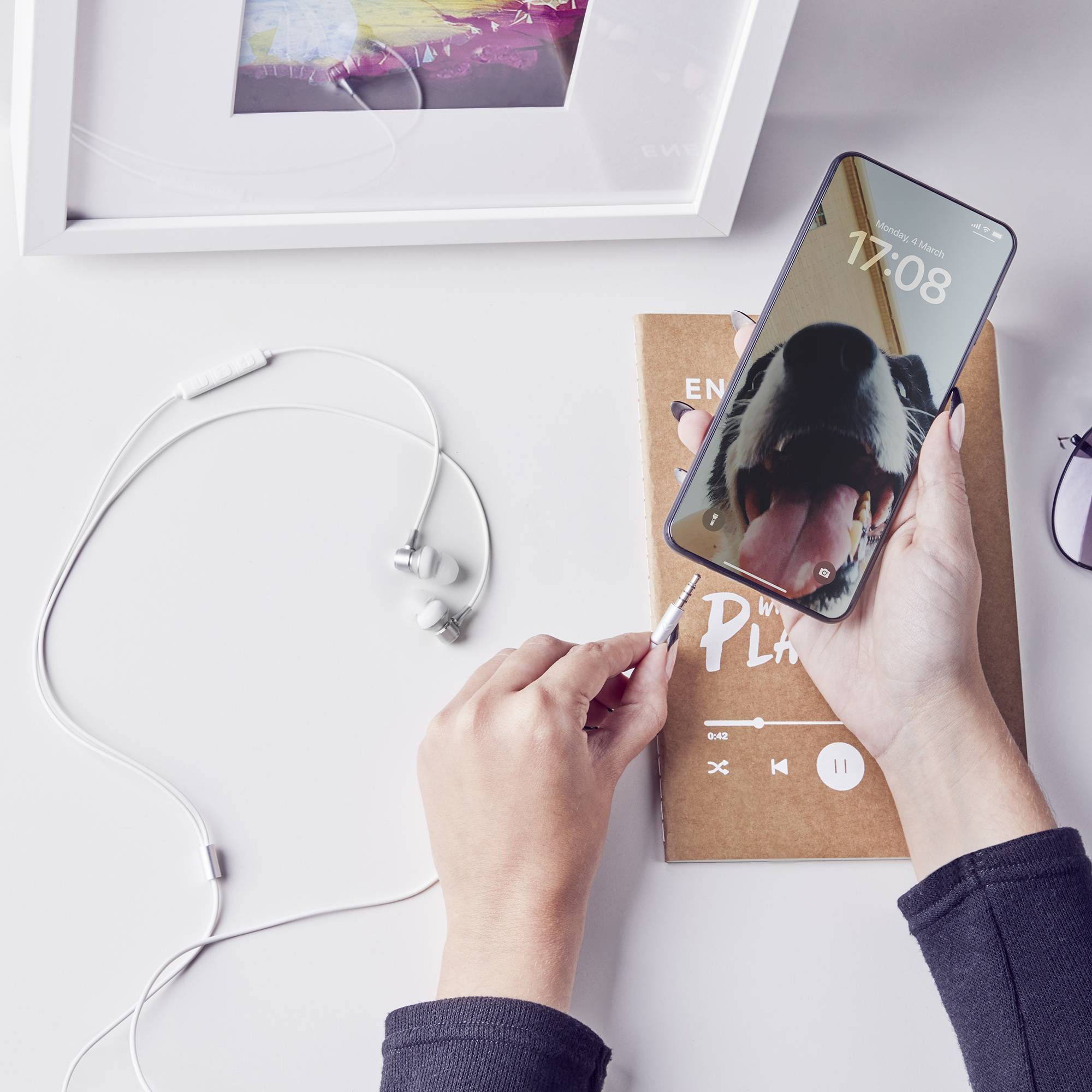 Una persona sosteniendo un teléfono que muestra un perro. Están conectando auriculares.