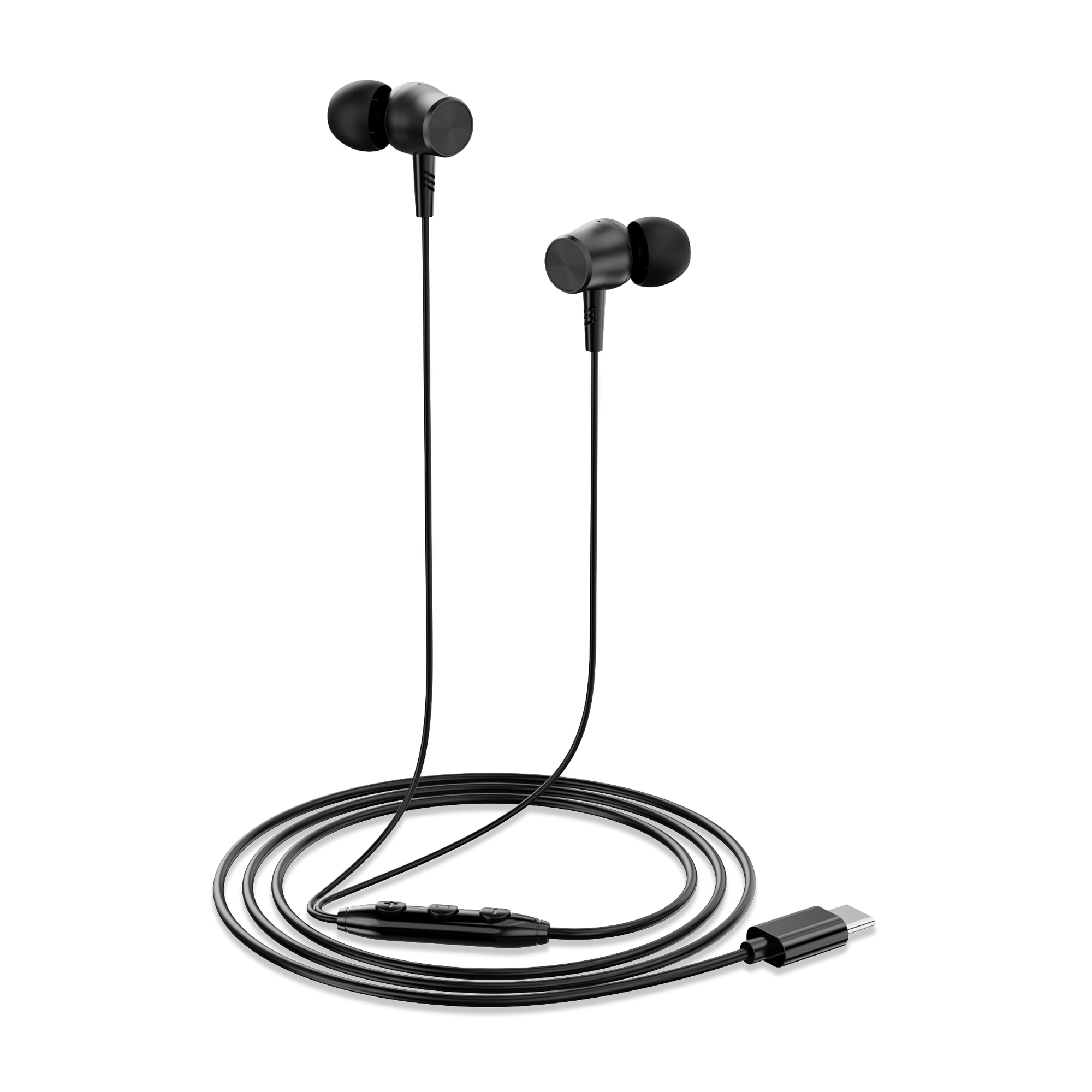 Auriculares con cable negros con controles en línea y conector USB-C. Fondo blanco.