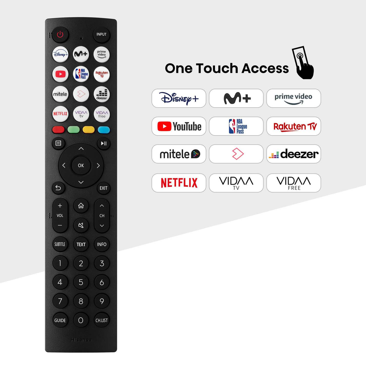 Czarny pilot do telewizora z różnymi ikonami aplikacji i przyciskami, białe tło.