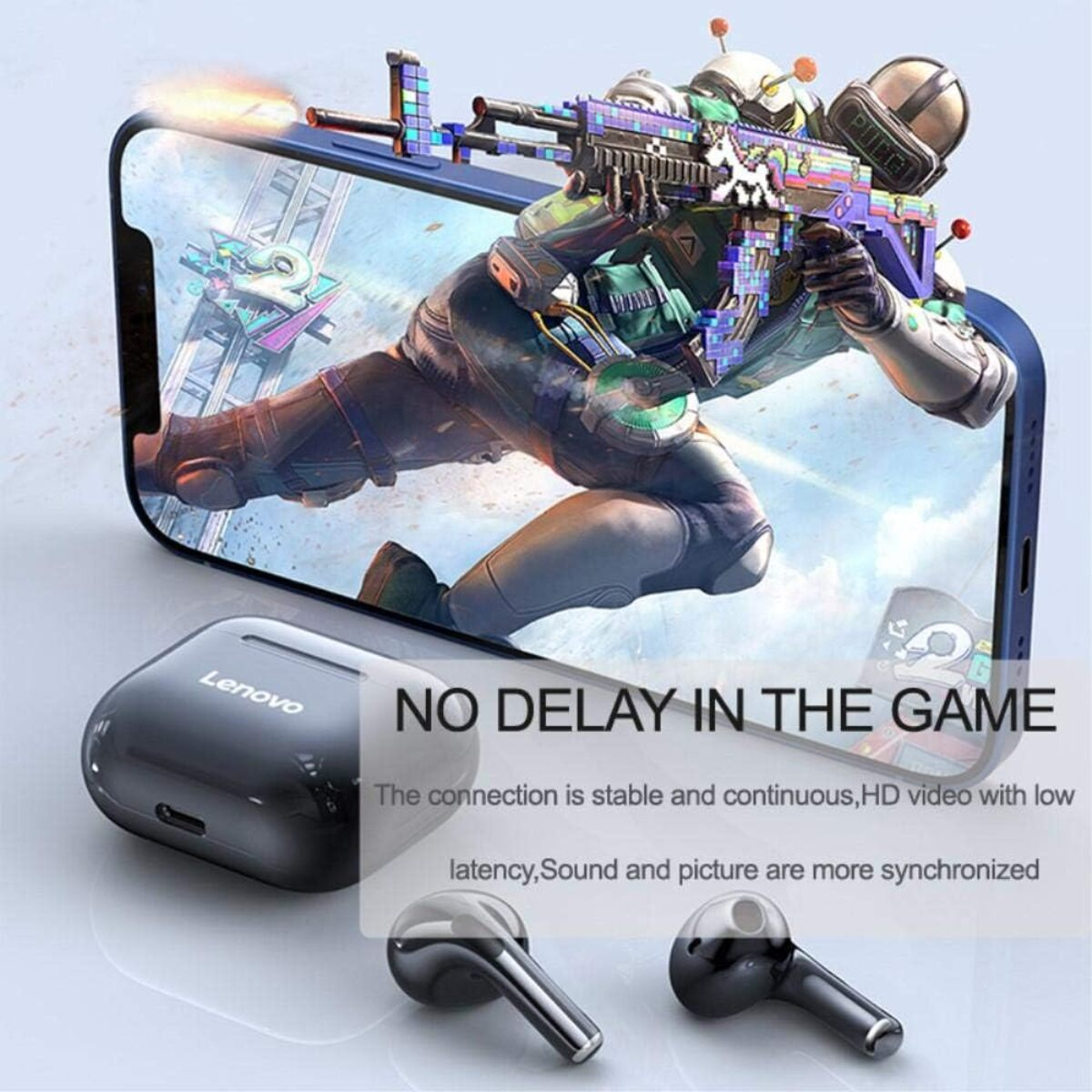 Auriculares Lenovo negros. Pantalla del teléfono muestra gráficos del juego. Texto: Sin retraso en el juego. Fondo blanco.