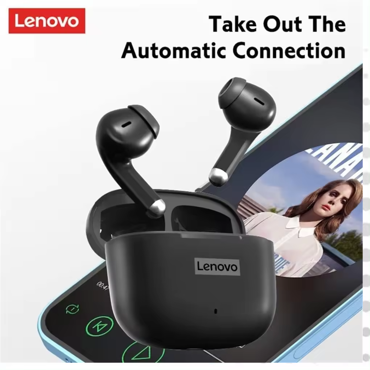 Siyah Lenovo kulaklıklar şarj kutusunda, müzik uygulaması olan bir telefon ekranında. Beyaz zemin.