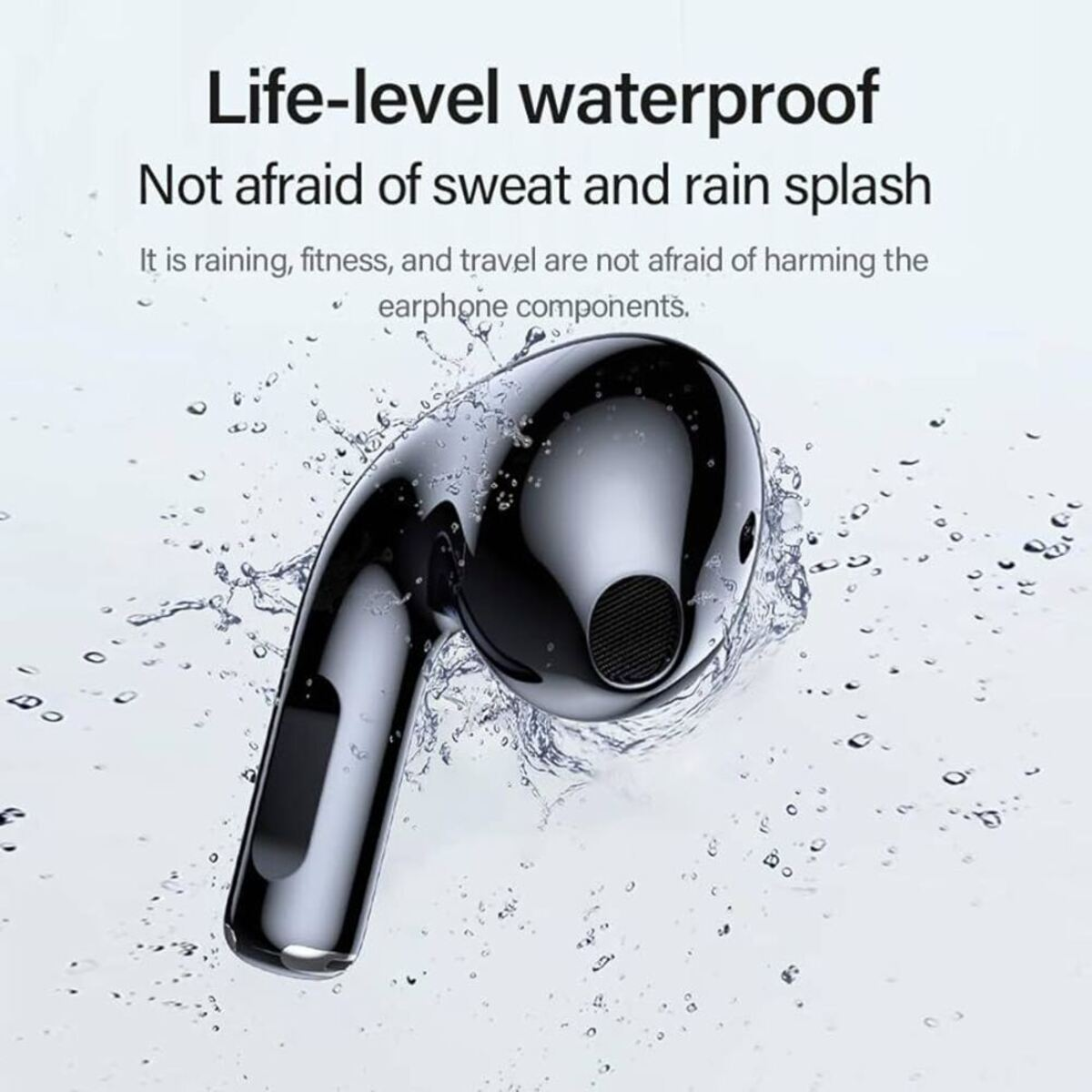 Un auricular negro sumergido en agua. Gotas de agua son visibles. Hay texto sobre resistencia al agua.