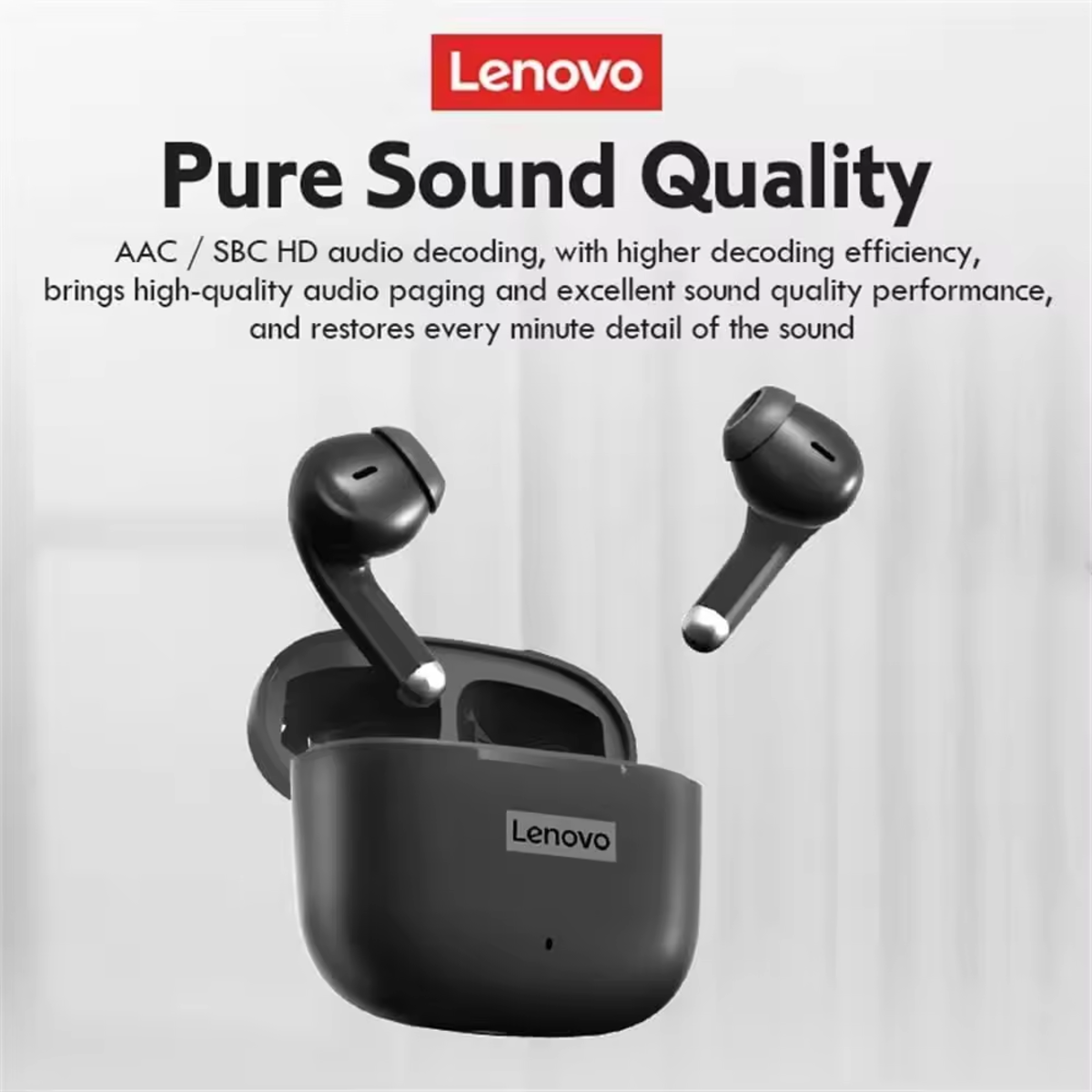 Siyah kablosuz kulaklıklar bir kutuda. Kutu ve kulaklıklar siyah. Beyaz zemin. Lenovo markası.