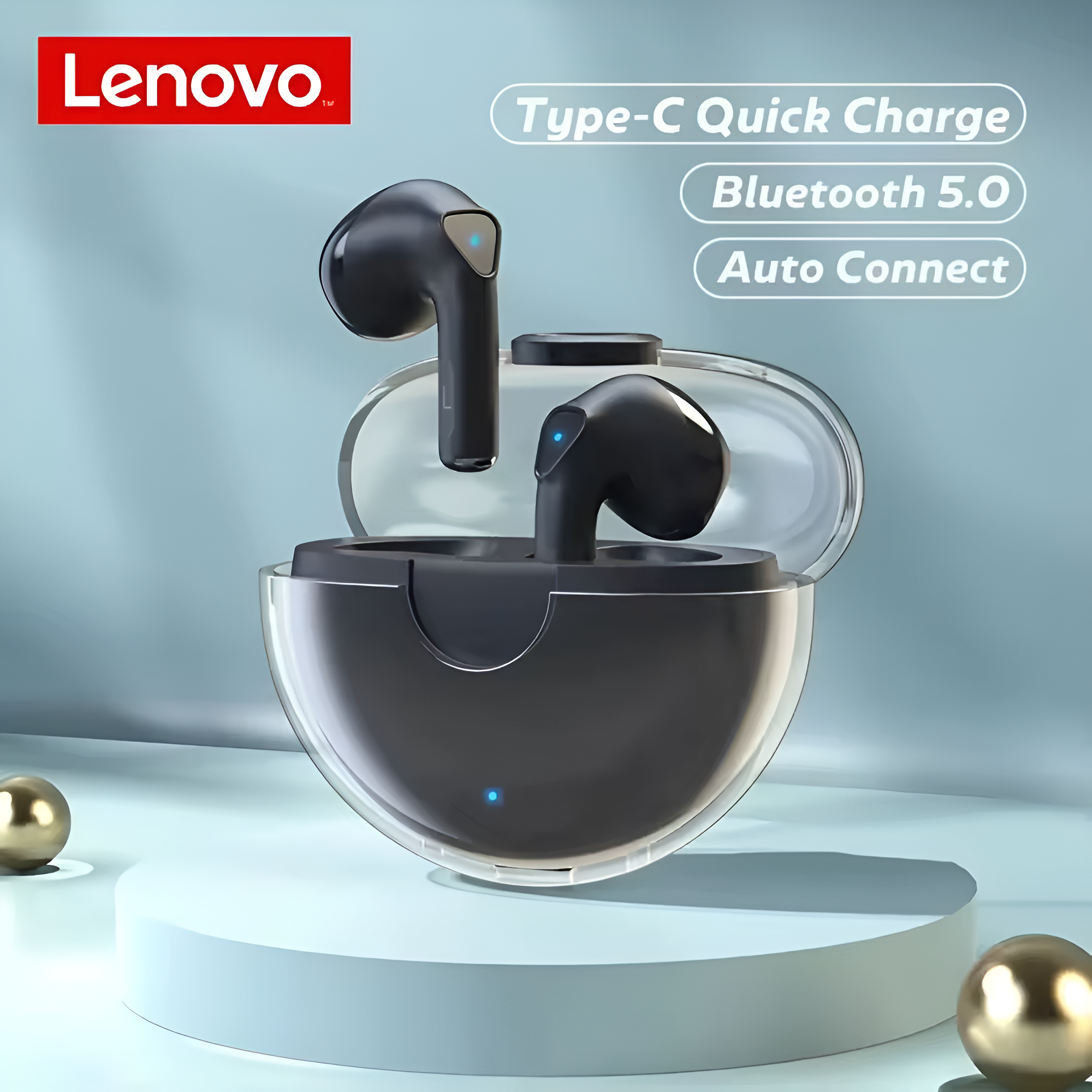 Auriculares negros en un estuche de carga, con texto que indica funciones y el logotipo de Lenovo.
