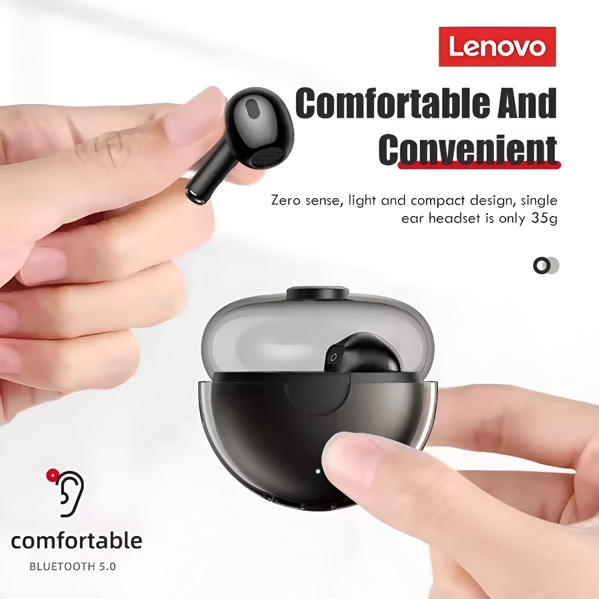 Una persona sosteniendo un auricular negro y un estuche de carga. El texto dice 'Comfortable And Convenient'.