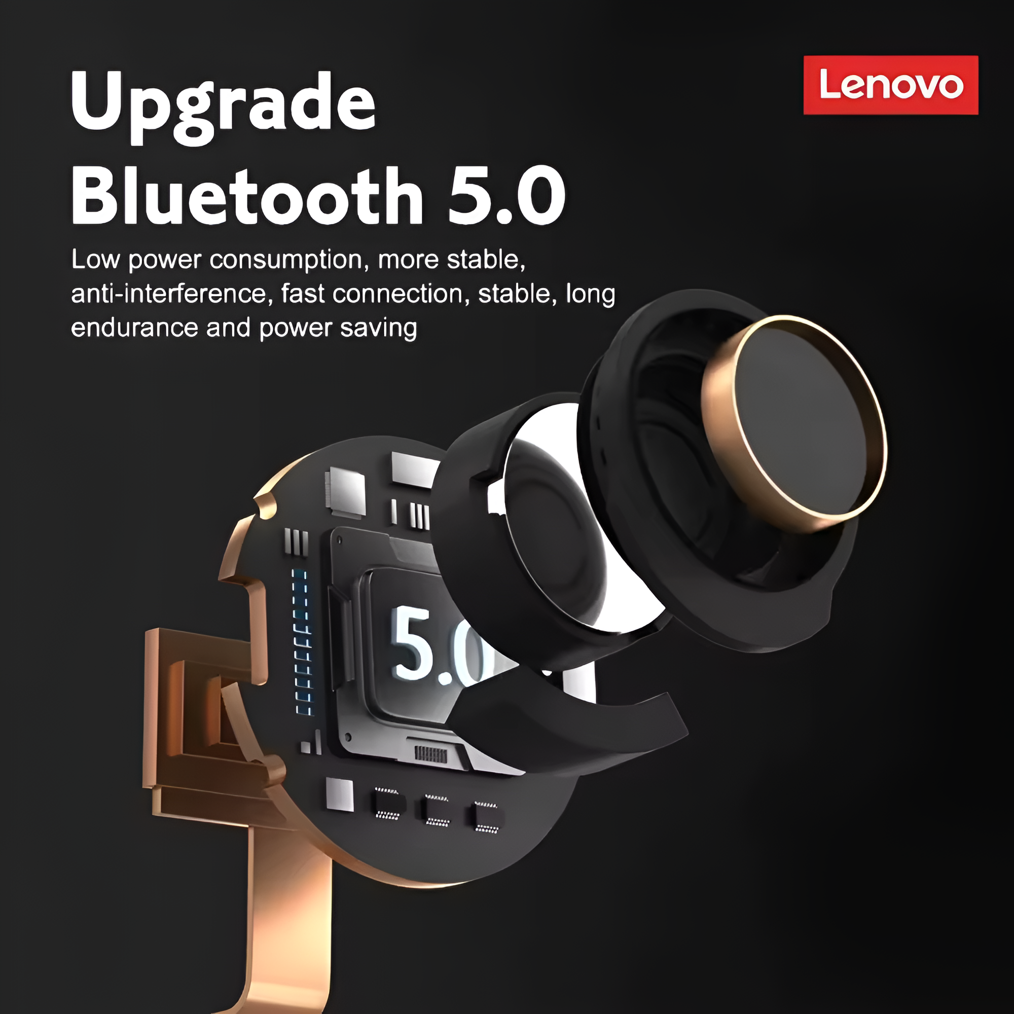 Auriculares con texto: Upgrade Bluetooth 5.0, logotipo de Lenovo, sobre fondo oscuro.
