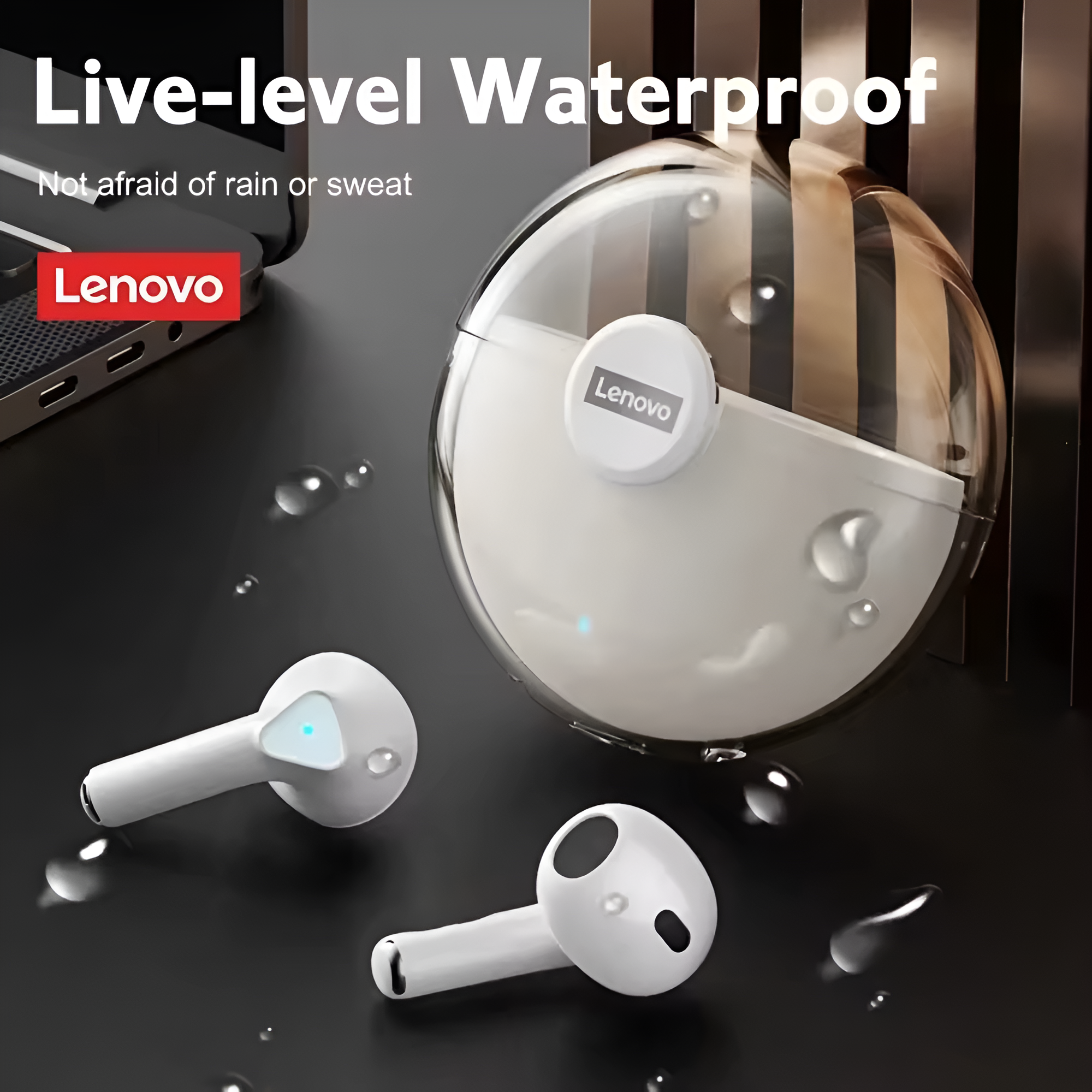 Auriculares blancos y estuche de carga. Logotipo de Lenovo. Gotas de agua en la superficie. Fondo negro.