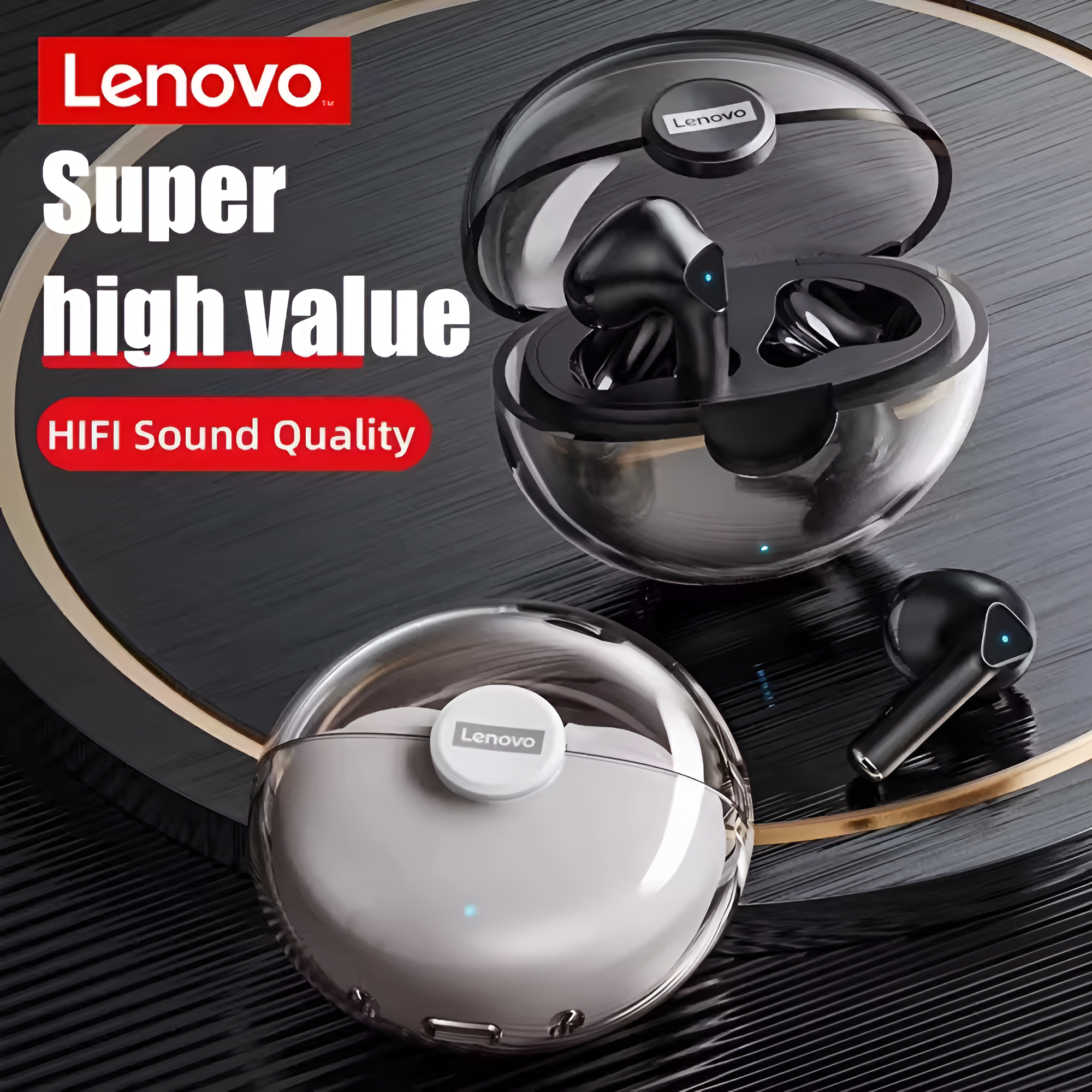 Dos auriculares inalámbricos en un estuche de carga, con la marca Lenovo.