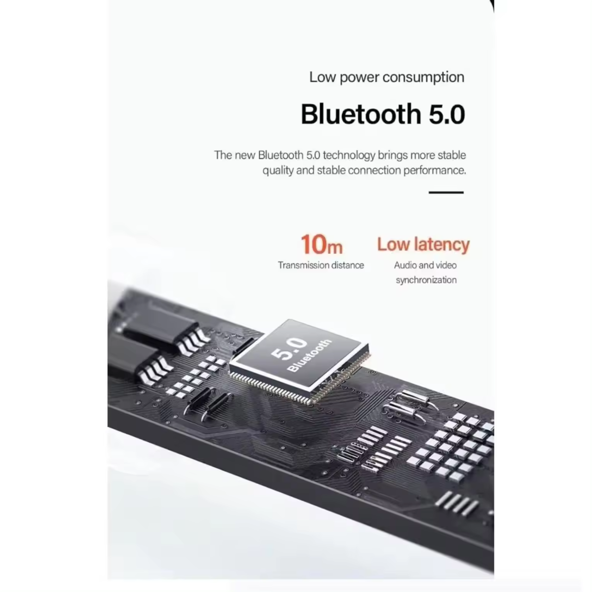 Bluetooth 5.0 grafiği, çipli siyah devre kartı. Metin: Düşük güç tüketimi, 10m mesafe, düşük gecikme.