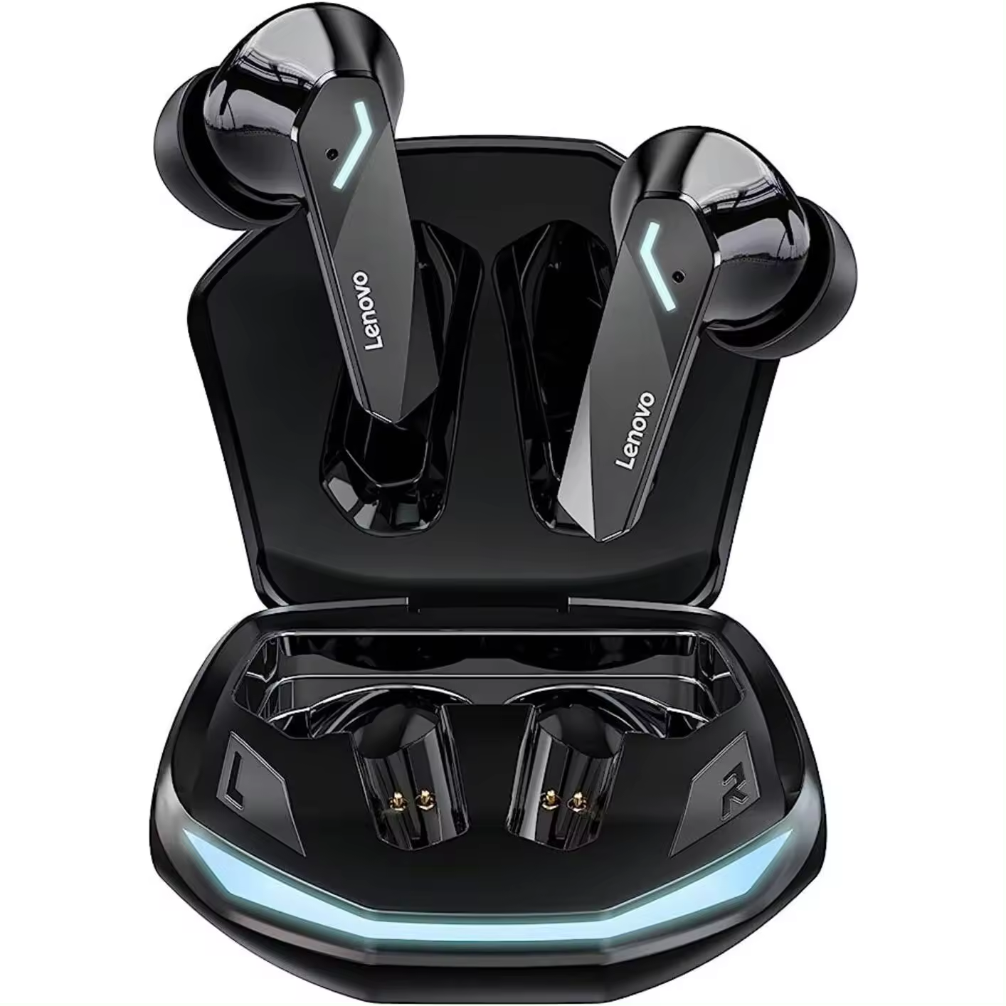 Auriculares Lenovo negros en un estuche de carga negro abierto. El estuche tiene una luz.