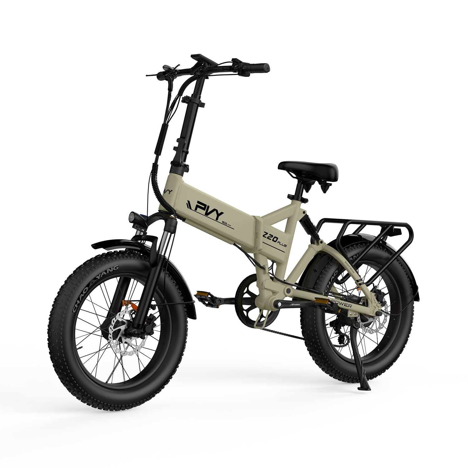 Ein E-Bike in einem Studio-Setting. Es ist beige und schwarz. Die Reifen sind dick.