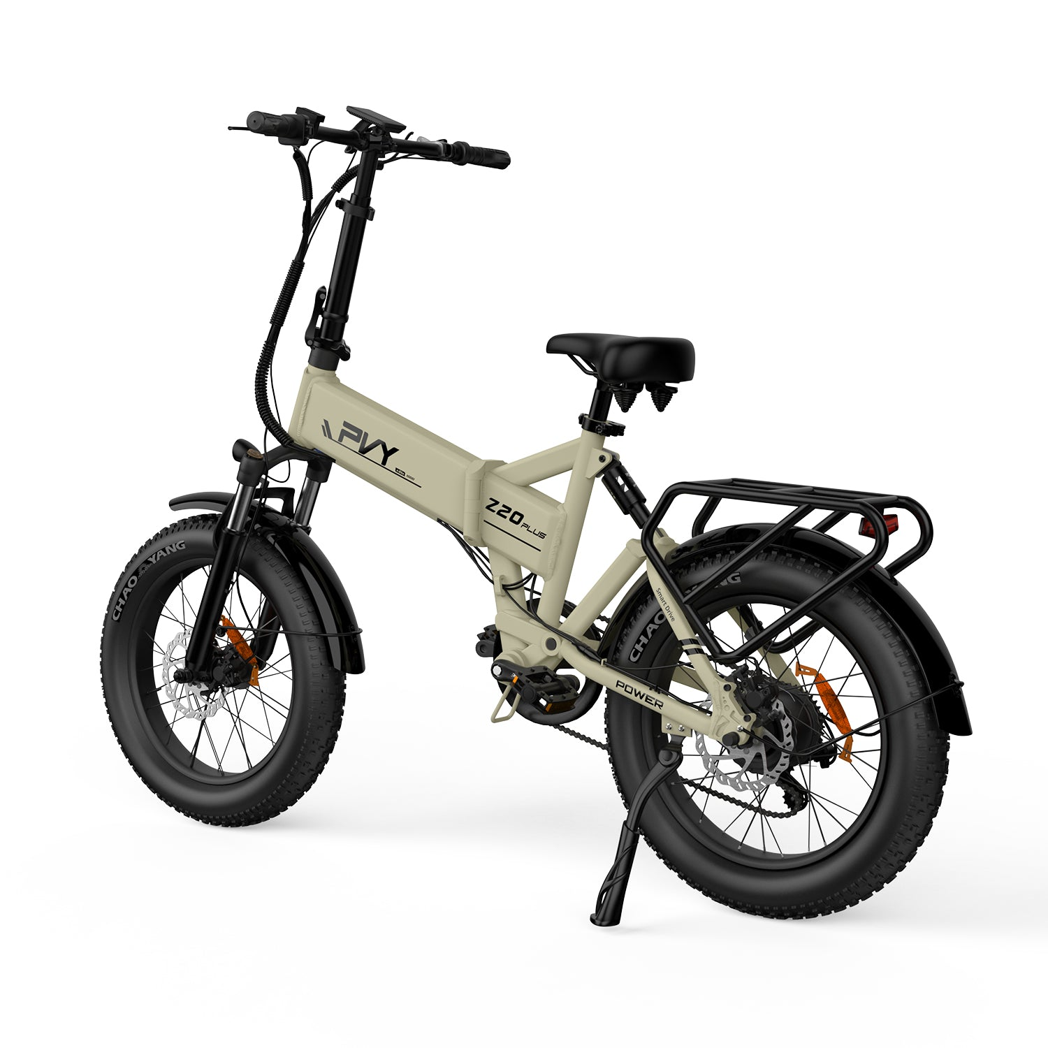 Ein cremefarbenes Elektrofahrrad mit schwarzen Reifen und Komponenten. Es wird auf weißem Hintergrund gezeigt.