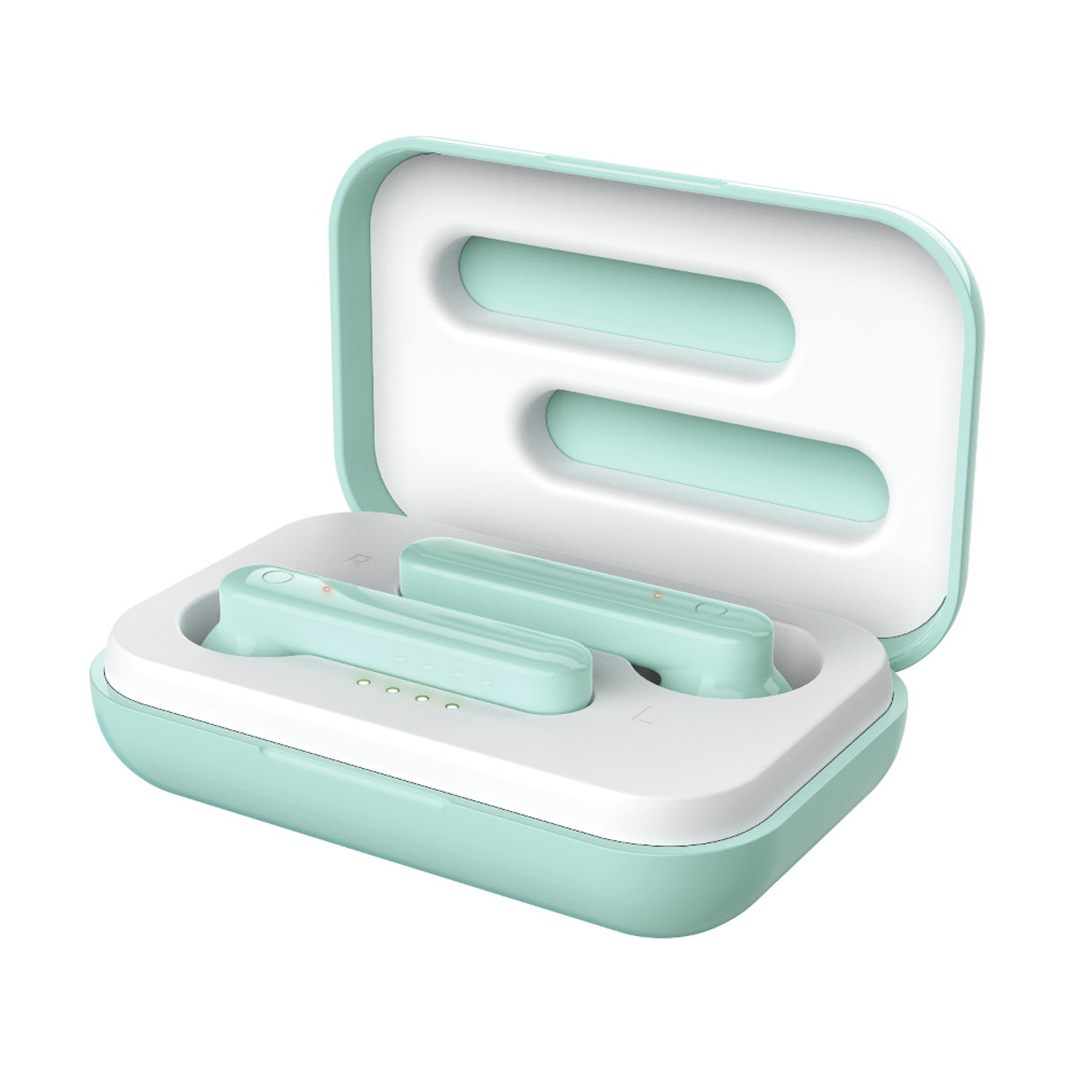 Słuchawki douszne i etui ładujące. Etui jest otwarte. Słuchawki są miętowo-zielone i białe.