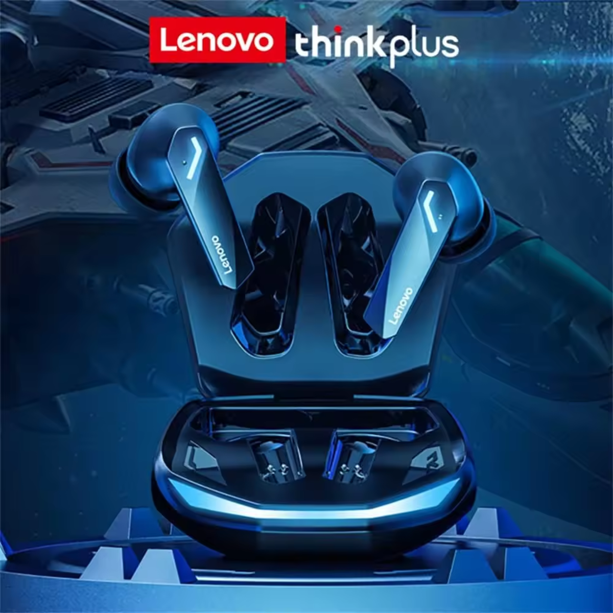 Auriculares Lenovo thinkplus en un estuche de carga con fondo futurista.