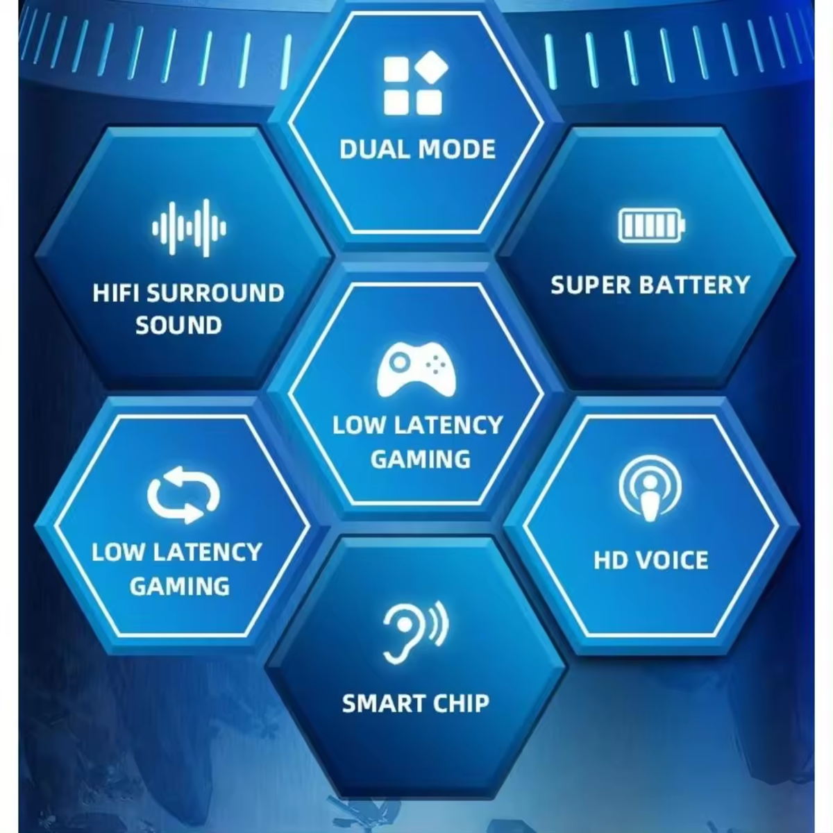 Iconos hexagonales mostrando características de auriculares sobre fondo azul.