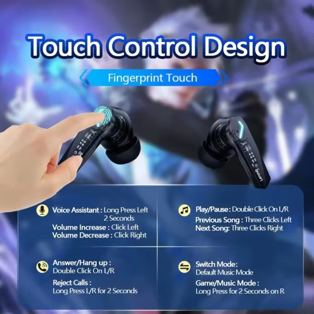 Auriculares inalámbricos con controles táctiles. Estuche negro, fondo azul. Instrucciones a la derecha.