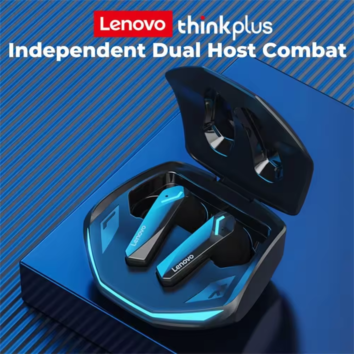 Auriculares azules y negros en un estuche de carga. Se ve la marca Lenovo.