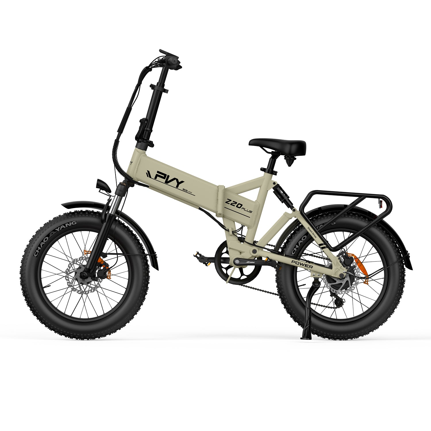 Hellbeige Elektrofahrrad auf weißem Hintergrund, Seitenansicht.