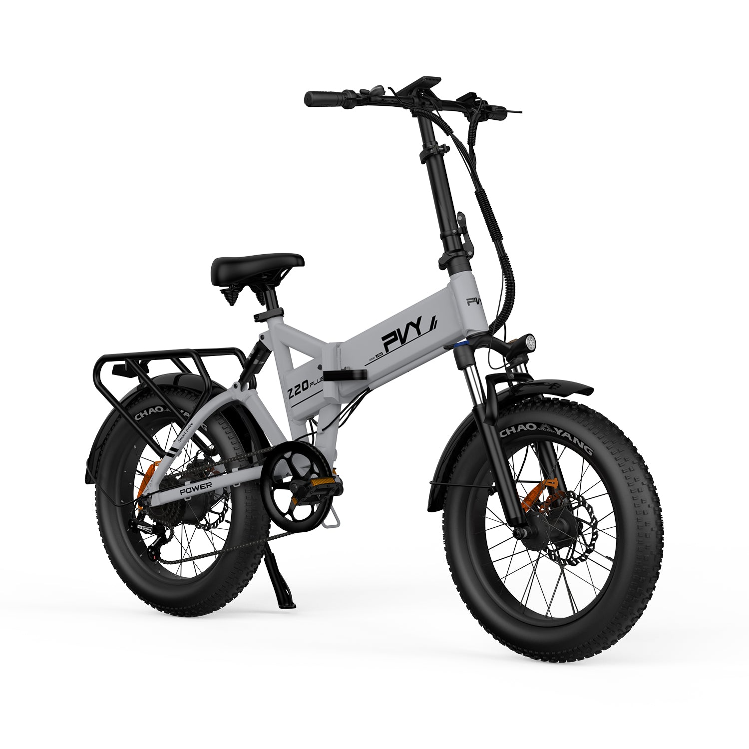 Graues, zusammenklappbares Elektrofahrrad auf weißem Hintergrund. Zeigt einen Gepäckträger, breite Reifen und einen Scheinwerfer.